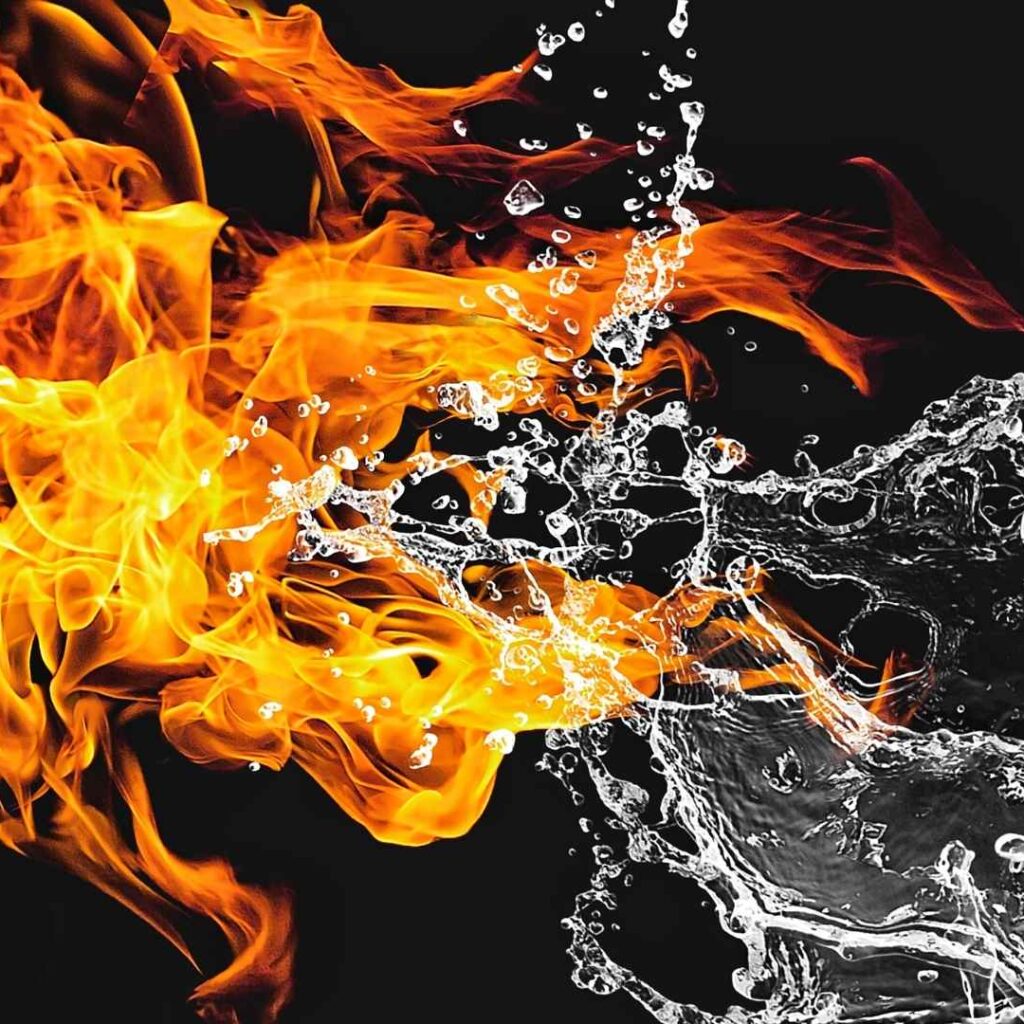 Symbolisches Bild, Wasser und Feuer treffen sich. Entspricht die Reaktion dem Thema Innovation & KI? Konfrontation? Einleitung zum Thema KI-Strategie