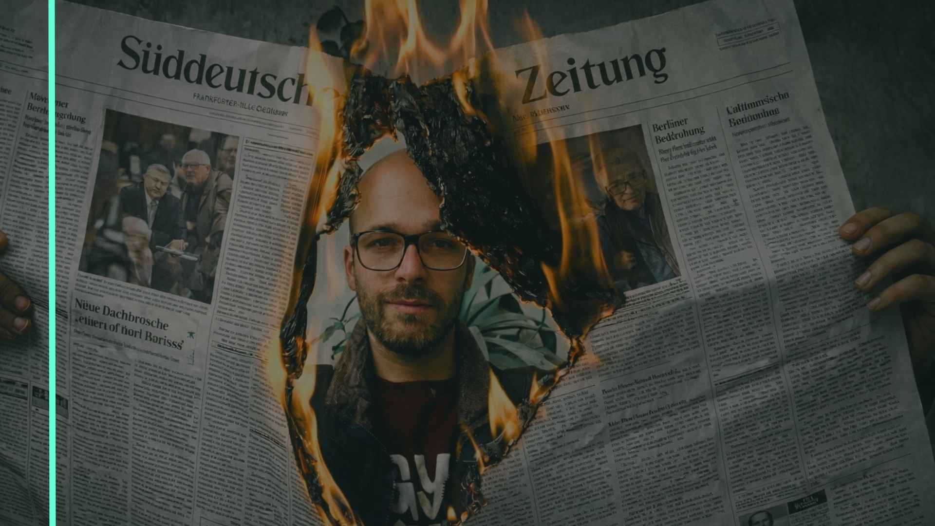 Fabian Vihl blickt durch eine brennende Zeitung – Symbol für die radikale Neuordnung der globalen Märkte 2026 und den Wandel im Mittelstand.