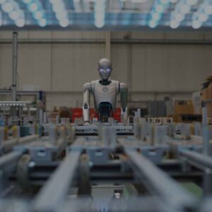 Ein humanoider Roboter arbeitet an einem Fließband in einer Fabrik.