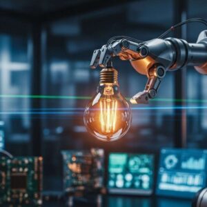 Hochpräziser Roboterarm hält eine leuchtende Glühbirne – Symbol für die industrielle KI-Exekution und den strategischen Fokus der Unternehmer-Reisen 360.