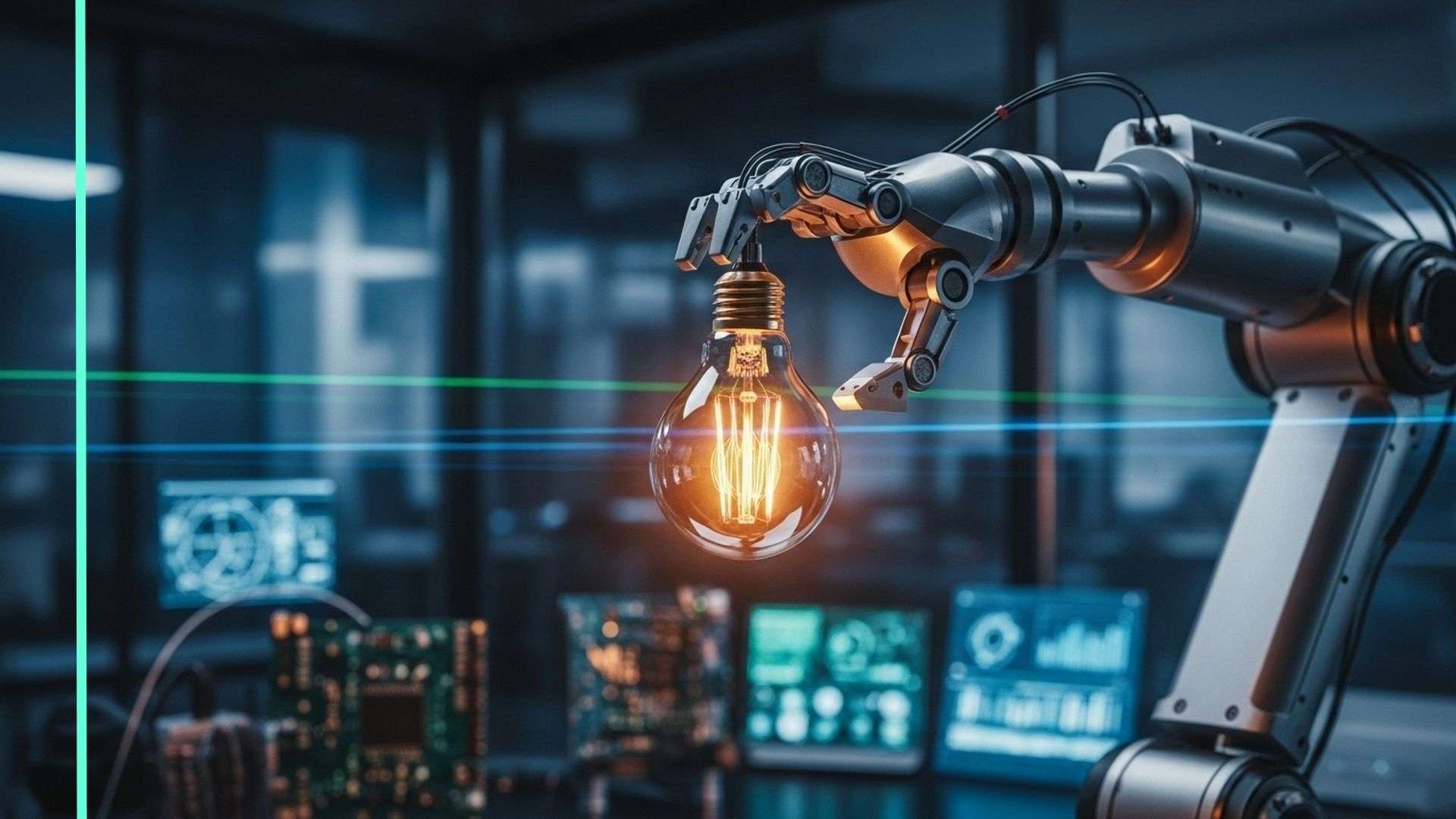 Hochpräziser Roboterarm hält eine leuchtende Glühbirne – Symbol für die industrielle KI-Exekution und den strategischen Fokus der Unternehmer-Reisen 360.