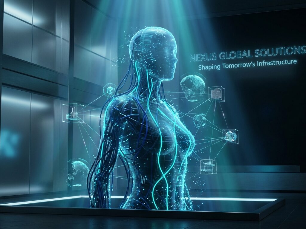 Abstraktes Corporate Design eines humanoiden Roboters, der mit industriellen Netzwerken verschmilzt, als Symbol für Embodied AI und globale Wertschöpfung.