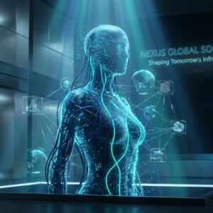 Abstraktes Corporate Design eines humanoiden Roboters, der mit industriellen Netzwerken verschmilzt, als Symbol für Embodied AI und globale Wertschöpfung.