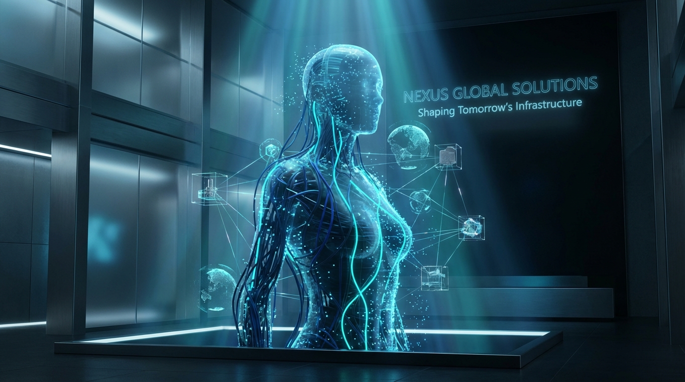 Abstraktes Corporate Design eines humanoiden Roboters, der mit industriellen Netzwerken verschmilzt, als Symbol für Embodied AI und globale Wertschöpfung.