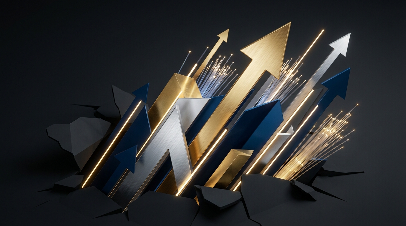 Abstrakte grafische Darstellung von Deutschlands wirtschaftlicher Stärke, die den gesellschaftlichen Pessimismus durchbricht.