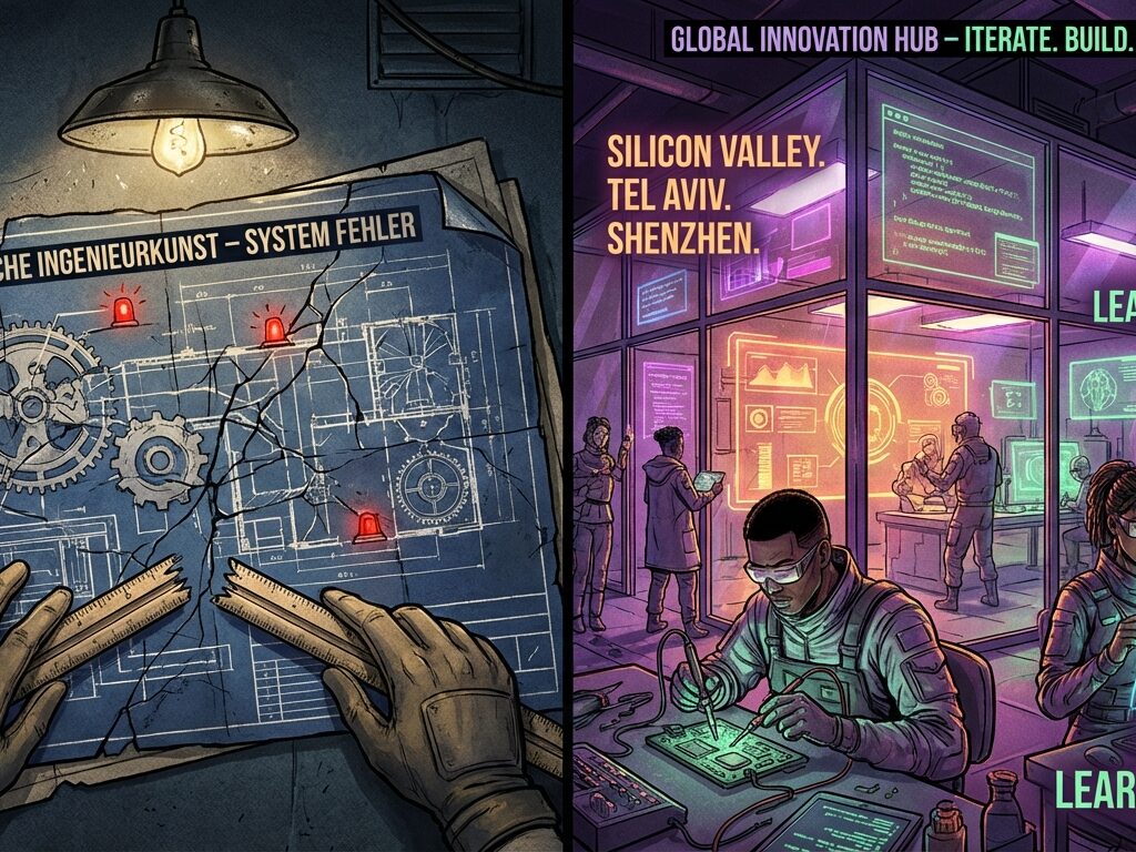 Ein dynamischer Vergleich von globalen Innovations-Hubs und agilen Arbeitsmethoden im Kontrast zur deutschen Fehlerkultur.