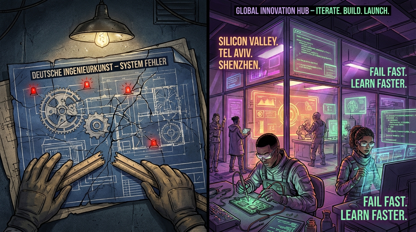 Ein dynamischer Vergleich von globalen Innovations-Hubs und agilen Arbeitsmethoden im Kontrast zur deutschen Fehlerkultur.