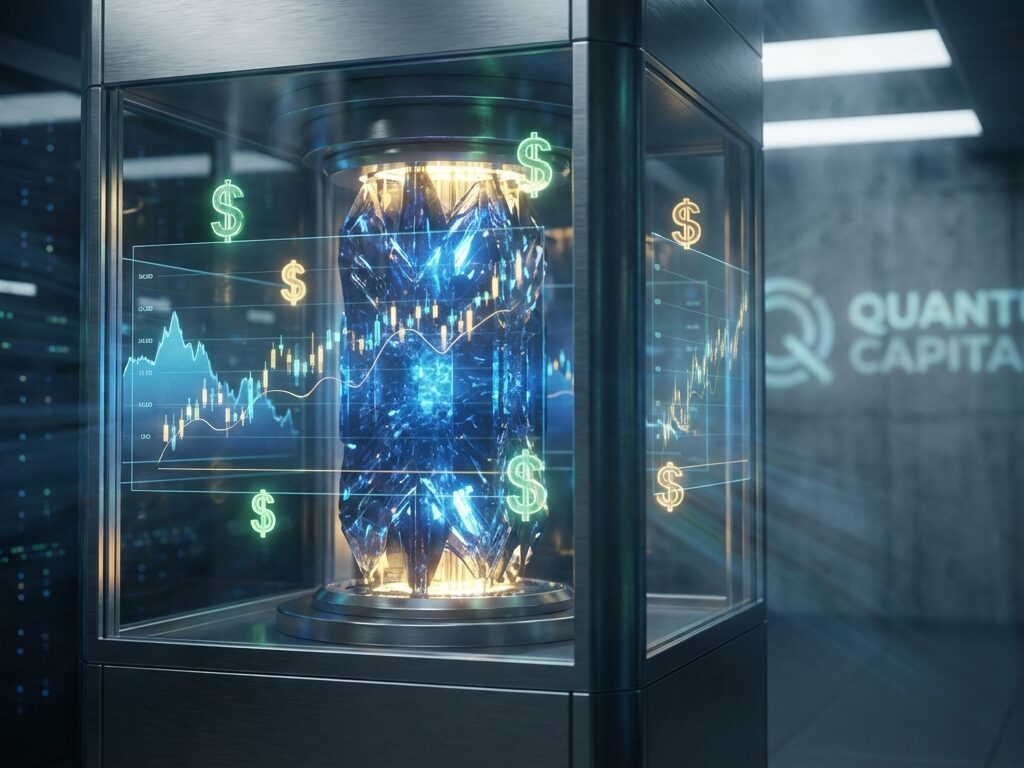 Abstrakte Darstellung eines futuristischen Quantencomputers, der von leuchtenden Finanzgraphen und digitalen Währungssymbolen umgeben ist.