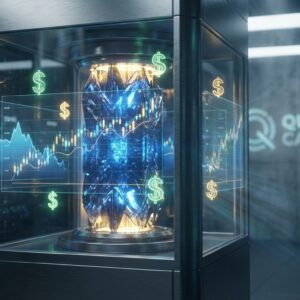 Abstrakte Darstellung eines futuristischen Quantencomputers, der von leuchtenden Finanzgraphen und digitalen Währungssymbolen umgeben ist.