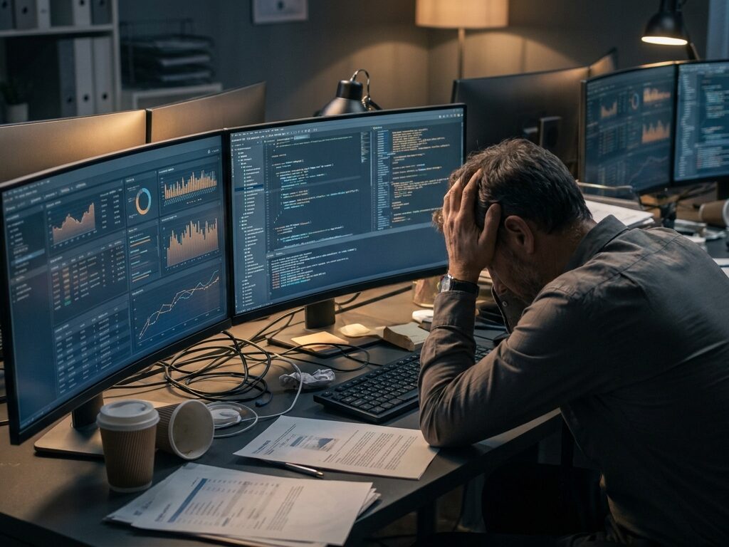 KI-generiertes Symbolbild: Ein verwaister, dunkler Büroschreibtisch, der von unzähligen grell leuchtenden Bildschirmen und Datenströmen erhellt wird, was die kognitive Überlastung durch KI am Arbeitsplatz visuell darstellt.