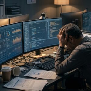 KI-generiertes Symbolbild: Ein verwaister, dunkler Büroschreibtisch, der von unzähligen grell leuchtenden Bildschirmen und Datenströmen erhellt wird, was die kognitive Überlastung durch KI am Arbeitsplatz visuell darstellt.