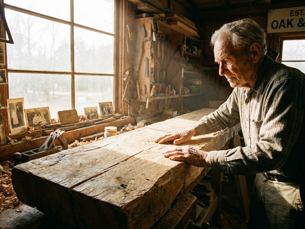 KI-generiertes-Symbolbild: Familienunternehmen und Nachfolge: Tischlermeister an einer alten Eichenbohle in seiner Werkstatt