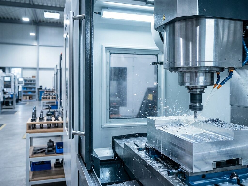 KI-generiertes Symbolbild: Eine moderne CNC-Fräse in einer Industriehalle, die als Metapher für die handwerkliche Nüchternheit bei der Einführung von KI im Mittelstand dient.