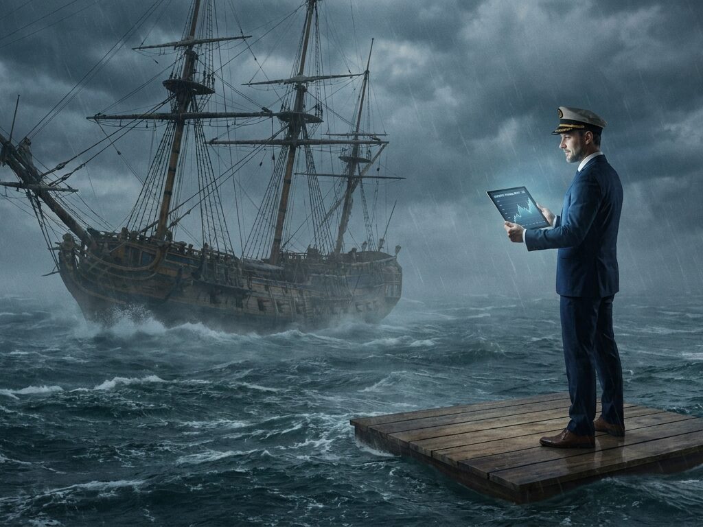 KI-generiertes Symbolbild: Ein Kapitän steht auf einem trockenen Deckabschnitt, während das Schiff im Hintergrund sinkt – eine Metapher für fehlgeleitetes Krisenmanagement Führung.