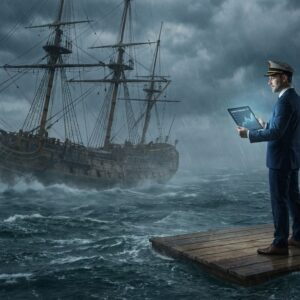 KI-generiertes Symbolbild: Ein Kapitän steht auf einem trockenen Deckabschnitt, während das Schiff im Hintergrund sinkt – eine Metapher für fehlgeleitetes Krisenmanagement Führung.