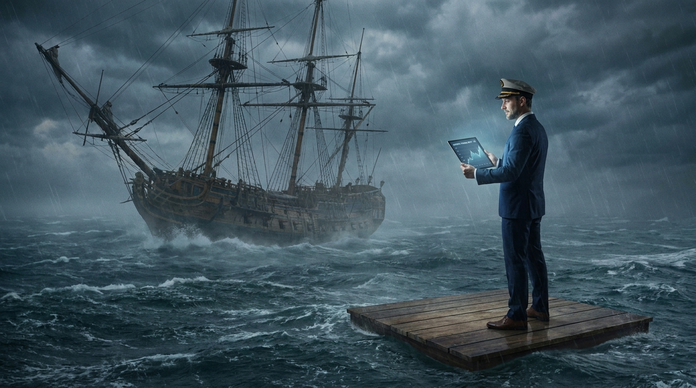 KI-generiertes Symbolbild: Ein Kapitän steht auf einem trockenen Deckabschnitt, während das Schiff im Hintergrund sinkt – eine Metapher für fehlgeleitetes Krisenmanagement Führung.