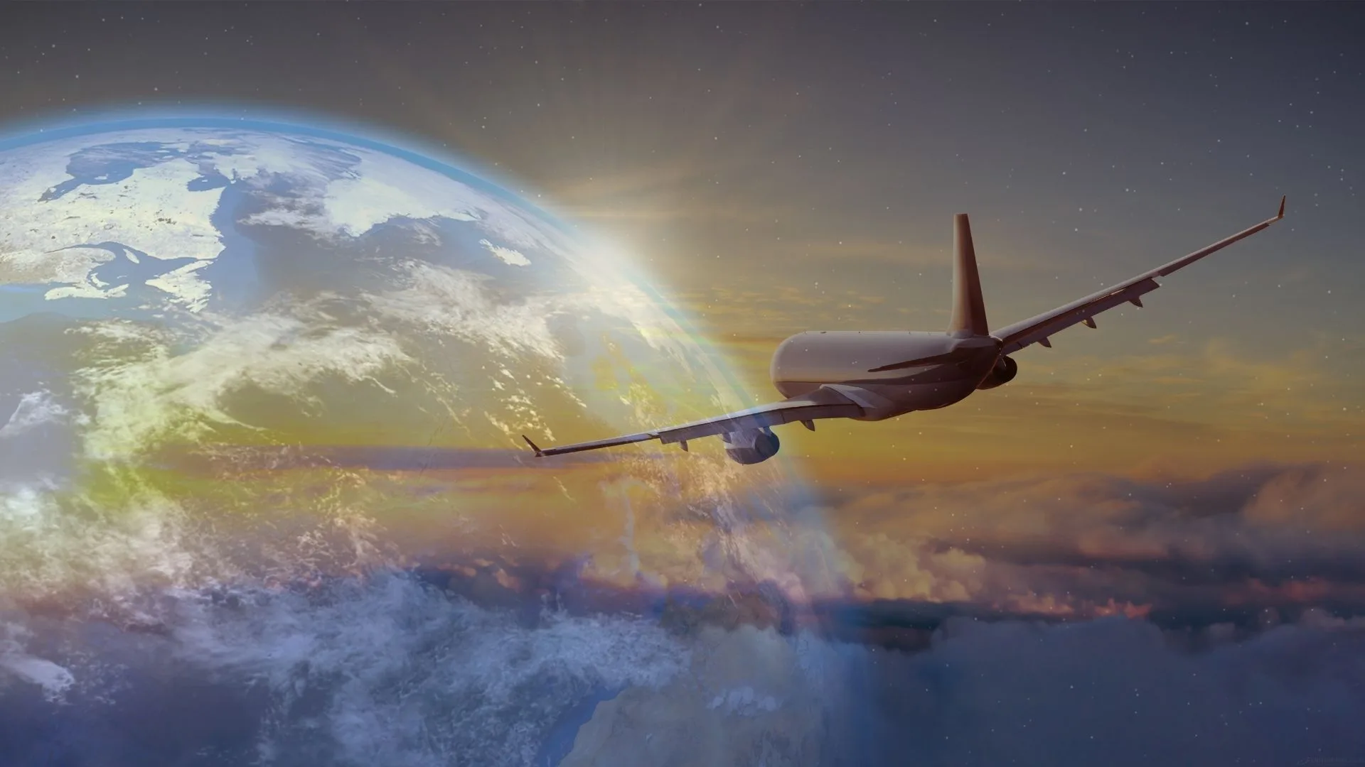 Flugzeug über dem Globus im Sonnenaufgang – Symbolbild für die Reise um die Welt zur Expo 2030